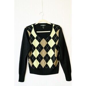 Avellini luxury cashmere argyle sweater black L unisex